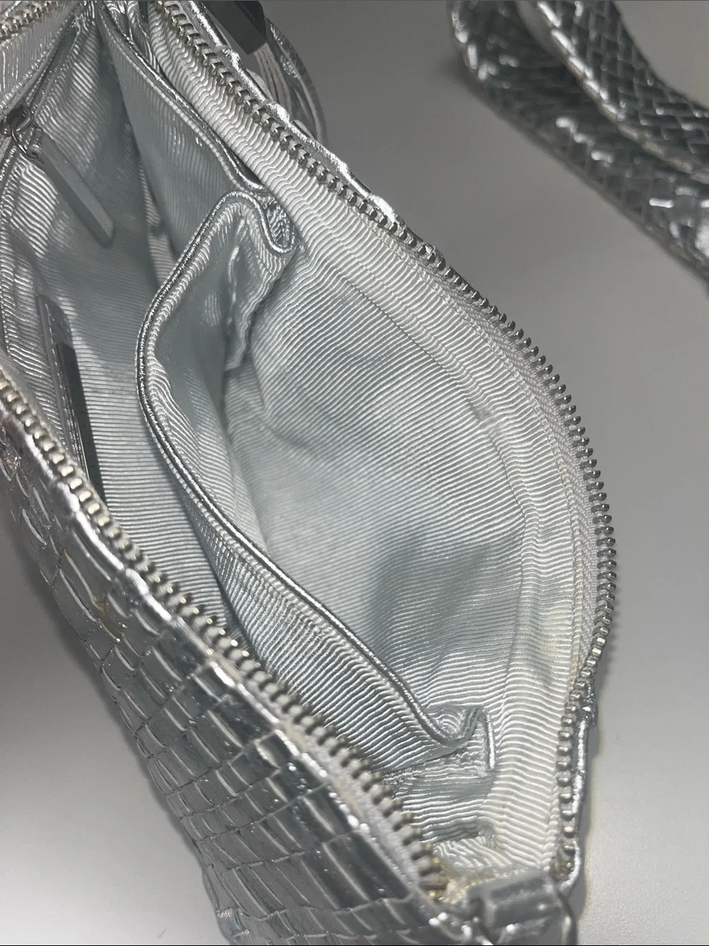 Elliott Lucca Silver Woven Metallic Clutch wTassel Removable Strap